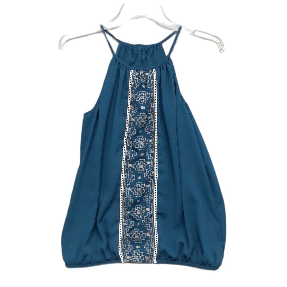 Maurices Women Sz S Spaghetti Strap Tank Top Blouse Teal Blue Aztec Embroidered
